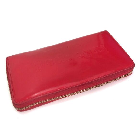 Kate Spade Red Patent Leather Embossed Zip Around Clutch Credit Card Wallet - Picture 4 of 11